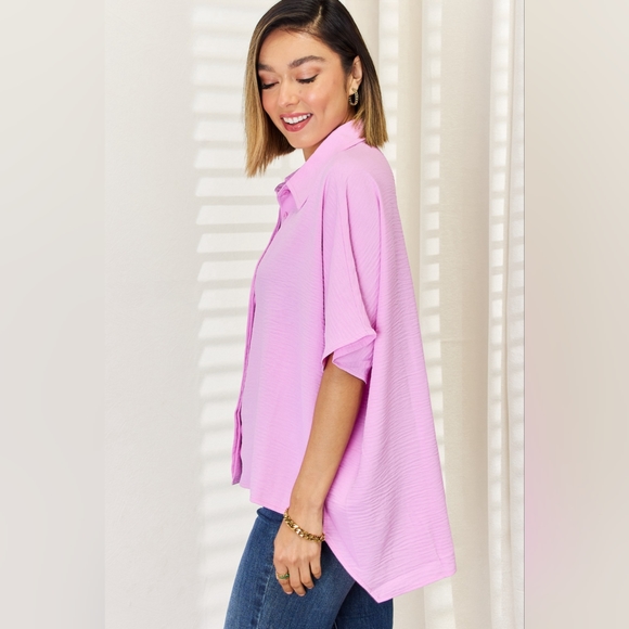 Zenana Texture Button Up Short Sleeve High-Low Shirt - Picture 2 of 5